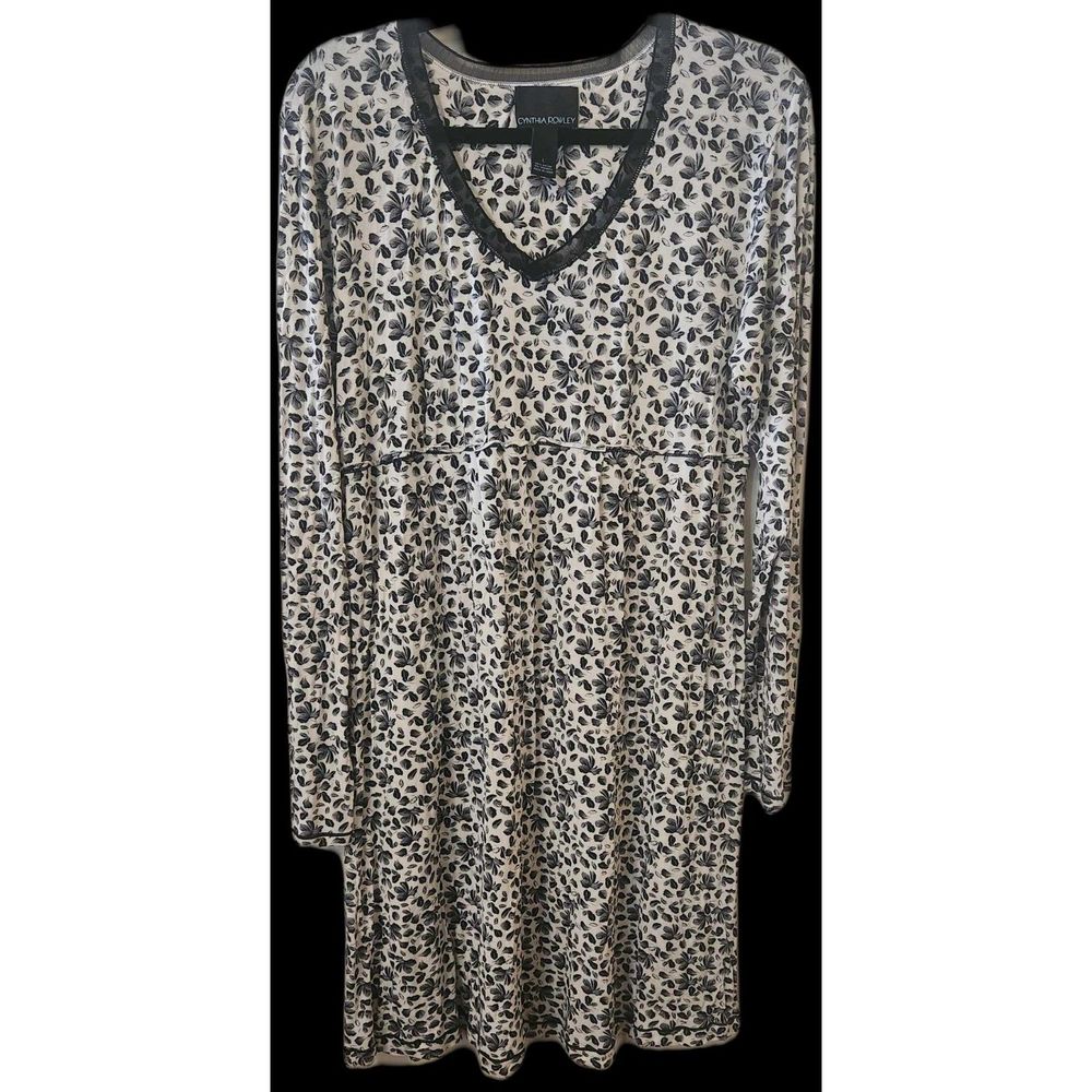 Cynthia Rowley long sleeve boho floral dress lace trim black/white sz large